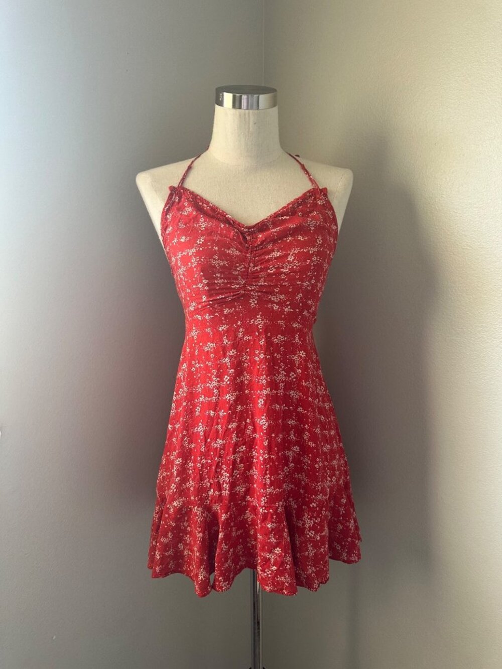 Free People Red Floral Print Halter Mini Dress Viscose Tie Back Lightweight XS